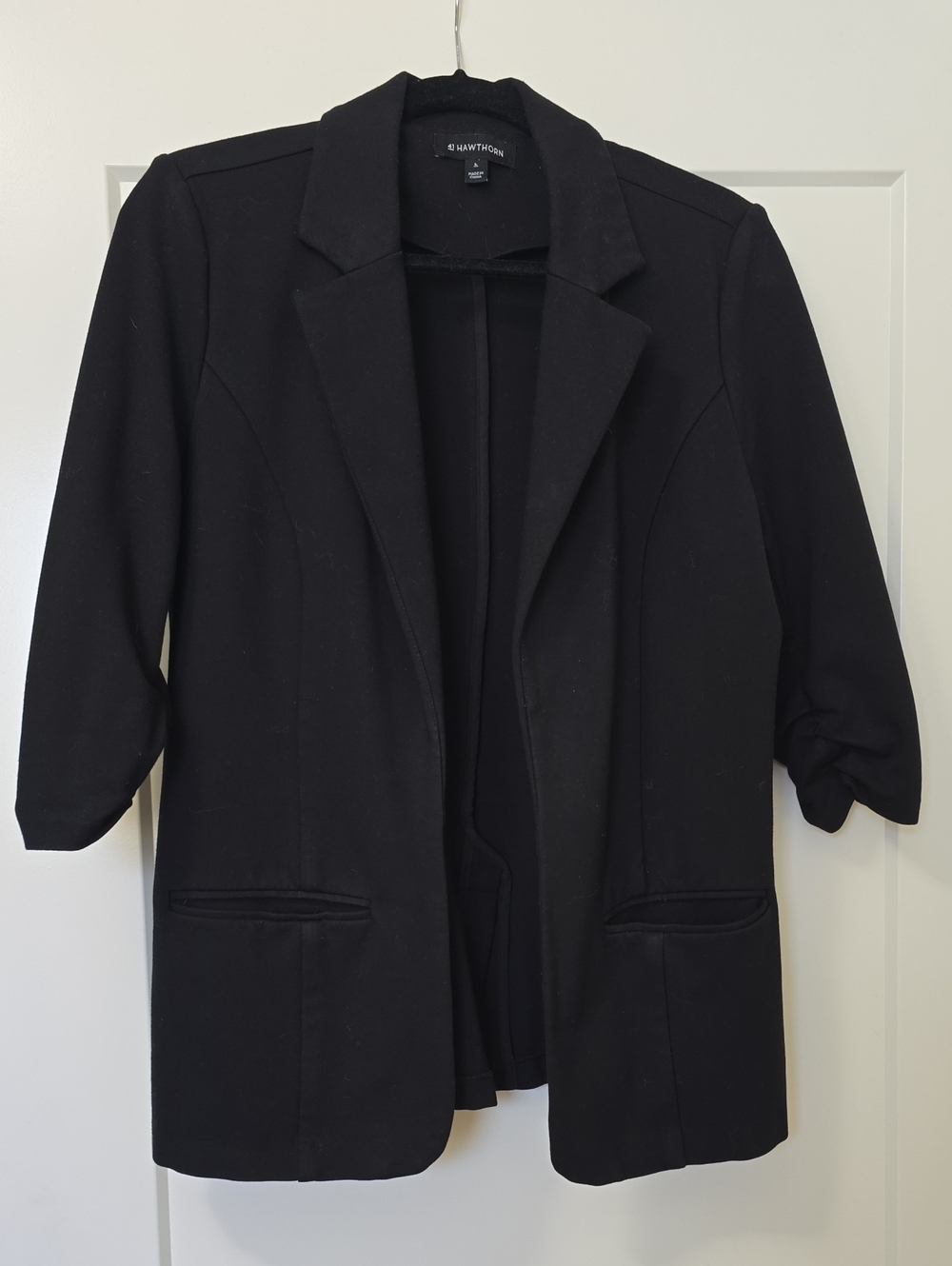 41 Hawthorn Black Open Front Ruched 3/4 Sleeve Knit Blazer Jacket – L